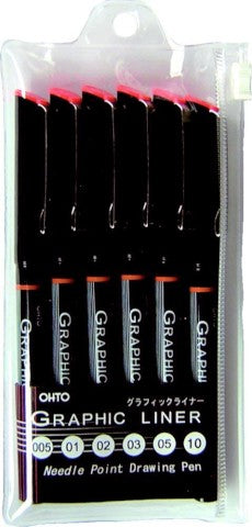 OHTO GRAPHIC LINER NEEDLE POINT DRAWING PEN PIGMENT INK SET OF 6